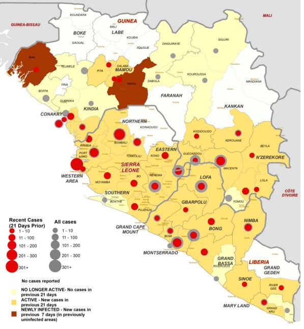 Figure 1. Map showing Ebola situation and clinics operating to treat the outbreak. Taken from WHO's Ebola Response Roadmap Update (Sep 5) at http://www.who.int/csr/disease/ebola/5-september-2014-en.pdf